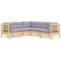 Preview: 5-tlg. Garten-Lounge-Set mit Grauen Kissen Kiefer Massivholz