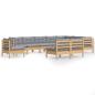 Preview: 10-tlg. Garten-Lounge-Set mit Grauen Kissen Kiefer Massivholz