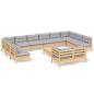 Preview: 13-tlg. Garten-Lounge-Set mit Grauen Kissen Kiefernholz