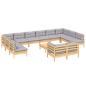 Preview: 13-tlg. Garten-Lounge-Set mit Grauen Kissen Kiefernholz