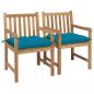 Preview: ARDEBO.de - Gartenstühle 2 Stk. mit Hellblauen Kissen Massivholz Teak