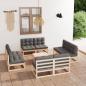 Preview: ARDEBO.de - 9-tlg. Garten-Lounge-Set mit Kissen Kiefer Massivholz