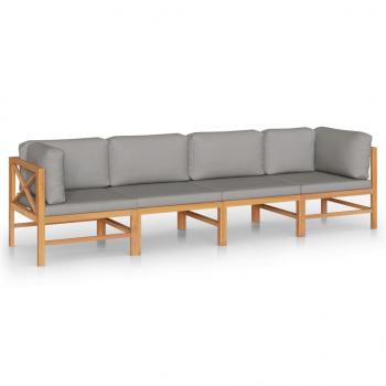 4-Sitzer-Gartensofa mit Grauen Kissen Massivholz Teak