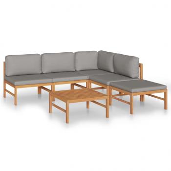 6-tlg. Garten-Lounge-Set mit Grauen Kissen Massivholz Teak
