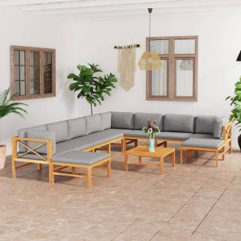 ARDEBO.de - 11-tlg. Garten-Lounge-Set mit Grauen Kissen Massivholz Teak
