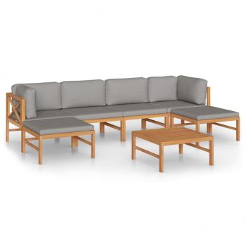 7-tlg. Garten-Lounge-Set mit Grauen Kissen Massivholz Teak