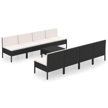 9-tlg. Garten-Lounge-Set mit Auflagen Poly Rattan Schwarz