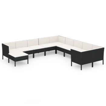11-tlg. Garten-Lounge-Set mit Auflagen Poly Rattan Schwarz