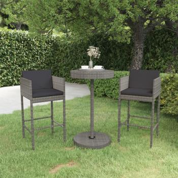 ARDEBO.de - 3-tlg. Gartenbar-Set mit Kissen Poly Rattan Grau