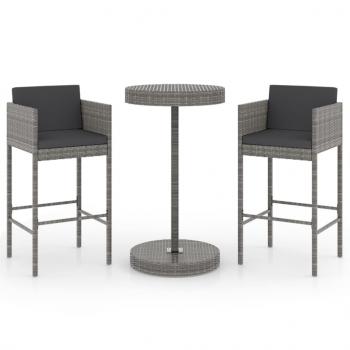 3-tlg. Gartenbar-Set mit Kissen Poly Rattan Grau