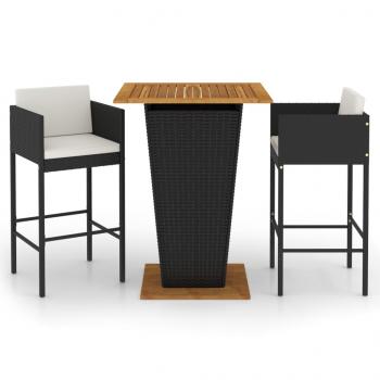 3-tlg. Gartenbar-Set mit Kissen Poly Rattan Schwarz