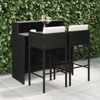 ARDEBO.de - 3-tlg. Gartenbar-Set mit Kissen Poly Rattan Schwarz