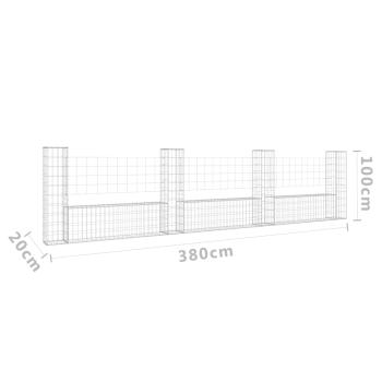 Gabionenkorb U-Form mit 4 Säulen Eisen 380x20x100 cm