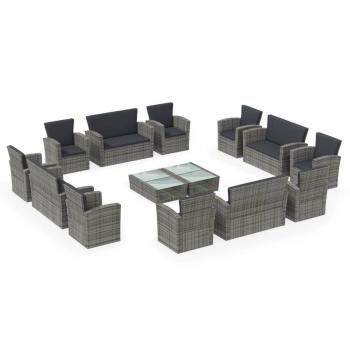 16-tlg. Garten-Lounge-Set mit Kissen Poly-Rattan Grau