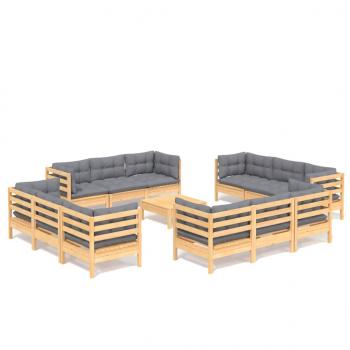 13-tlg. Garten-Lounge-Set mit Grauen Kissen Kiefernholz