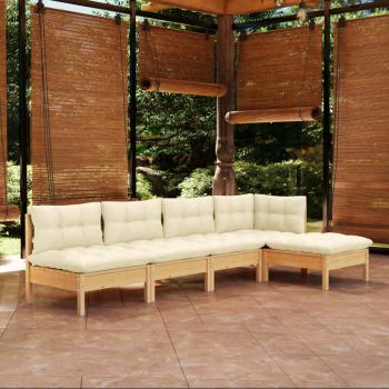 ARDEBO.de - 5-tlg. Garten-Lounge-Set mit Creme Kissen Kiefernholz