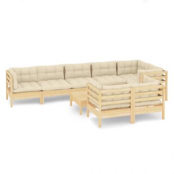9-tlg. Garten-Lounge-Set mit Creme Kissen Massivholz Kiefer