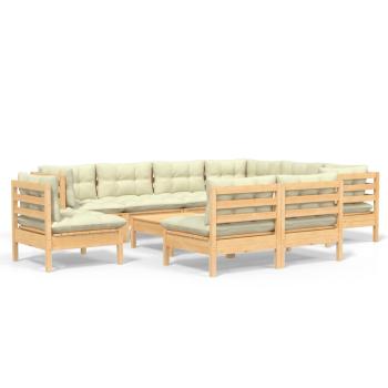 10-tlg. Garten-Lounge-Set mit Creme Kissen Massivholz Kiefer