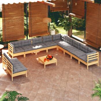ARDEBO.de - 12-tlg. Garten-Lounge-Set mit Grauen Kissen Massivholz Kiefer