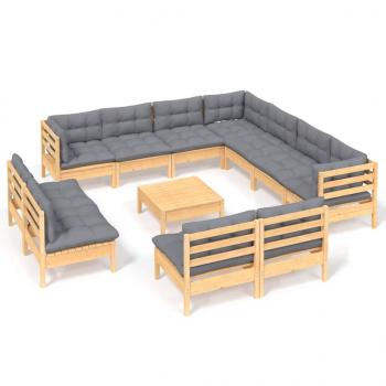 12-tlg. Garten-Lounge-Set mit Grauen Kissen Massivholz Kiefer