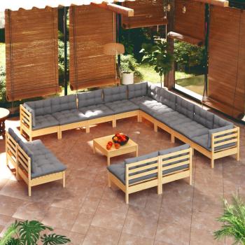 ARDEBO.de - 14-tlg. Garten-Lounge-Set mit Grauen Kissen Massivholz Kiefer