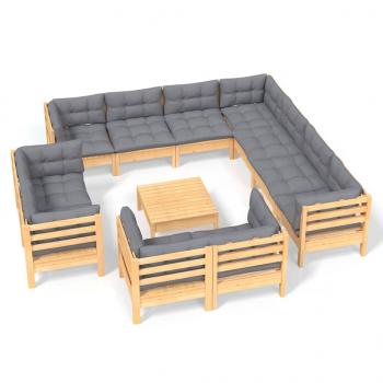 12-tlg. Garten-Lounge-Set mit Grauen Kissen Massivholz Kiefer