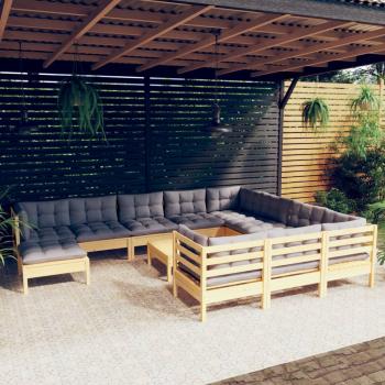 ARDEBO.de - 12-tlg. Garten-Lounge-Set mit Grauen Kissen Kiefernholz
