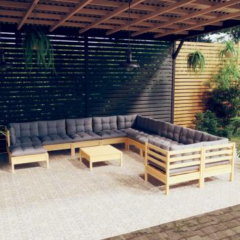 ARDEBO.de - 12-tlg. Garten-Lounge-Set mit Grauen Kissen Kiefernholz