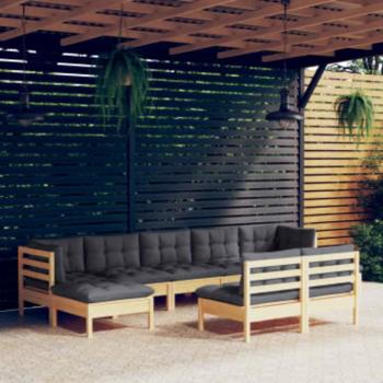 ARDEBO.de - 9-tlg. Garten-Lounge-Set mit Grauen Kissen Kiefernholz