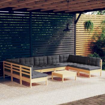 ARDEBO.de - 10-tlg. Garten-Lounge-Set mit Grauen Kissen Kiefer Massivholz