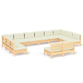 12-tlg. Garten-Lounge-Set mit Creme Kissen Massivholz Kiefer