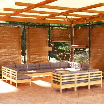 ARDEBO.de - 13-tlg. Garten-Lounge-Set mit Grauen Kissen Kiefernholz