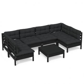 7-tlg. Garten-Lounge-Set mit Kissen Schwarz Kiefer Massivholz