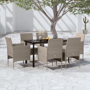 ARDEBO.de - 7-tlg. Garten-Essgruppe mit Kissen Beige und Schwarz
