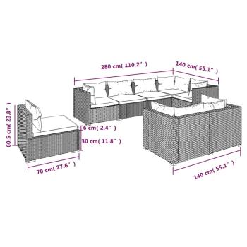 8-tlg. Garten-Lounge-Set mit Kissen Poly Rattan Grau