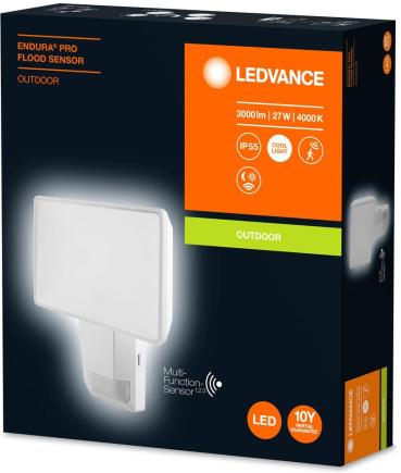 LEDVANCE Sensor Strahler ENDURA PRO FLOOD SENSOR 27W 840 IP55 WT, 3000lm, 4000K, weiß (4058075228825)