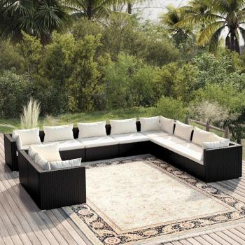 ARDEBO.de - 10-tlg. Garten-Lounge-Set mit Kissen Schwarz Poly Rattan