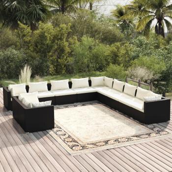ARDEBO.de - 11-tlg. Garten-Lounge-Set mit Kissen Schwarz Poly Rattan