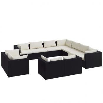11-tlg. Garten-Lounge-Set mit Kissen Schwarz Poly Rattan