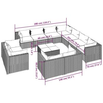 12-tlg. Garten-Lounge-Set mit Kissen Schwarz Poly Rattan