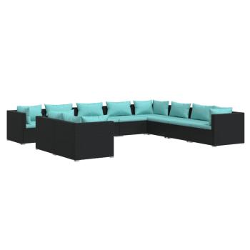 10-tlg. Garten-Lounge-Set mit Kissen Schwarz Poly Rattan
