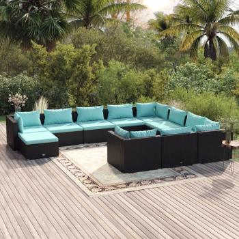 ARDEBO.de - 11-tlg. Garten-Lounge-Set mit Kissen Poly Rattan Schwarz