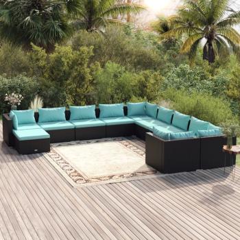 ARDEBO.de - 11-tlg. Garten-Lounge-Set mit Kissen Poly Rattan Schwarz