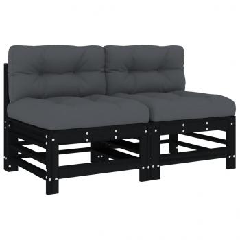Mittelsofas mit Kissen 2 Stk. Schwarz Massivholz Kiefer