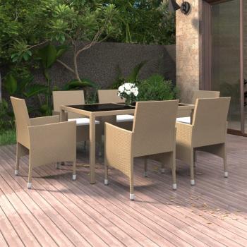 ARDEBO.de - 7-tlg. Garten-Essgruppe Poly Rattan und Hartglas Beige