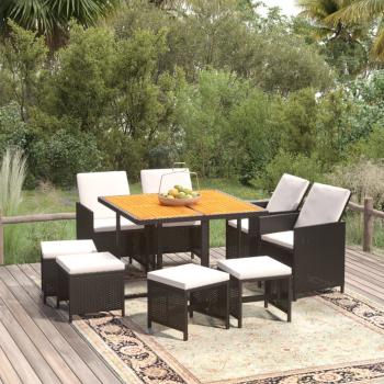 ARDEBO.de - 9-tlg. Garten-Essgruppe mit Kissen Poly Rattan Schwarz