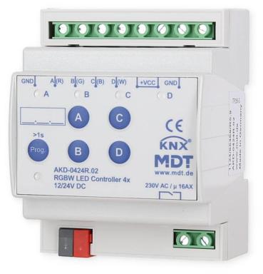 MDT AKD-0424R.02 LED Controller 4-Kanal, 4/8A, Reiheneinbaugerät, für 12/24V CV LED/ 4 einzelne Kanäle oder RGBW, TW