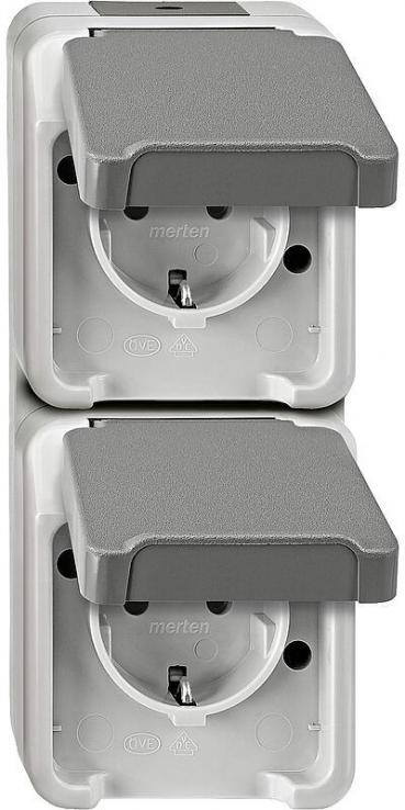 ARDEBO.de Merten SCHUKO-Doppel-Steckdose, Aquastar, 16 A, AC 250 V, senkrecht angeordnet, Berührungsschutz, lichtgrau (MEG2328-8029)