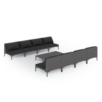 9-tlg. Garten-Lounge-Set mit Kissen Poly Rattan Dunkelgrau