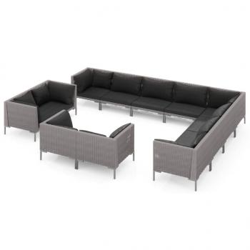 12-tlg. Garten-Lounge-Set mit Kissen Poly Rattan Dunkelgrau